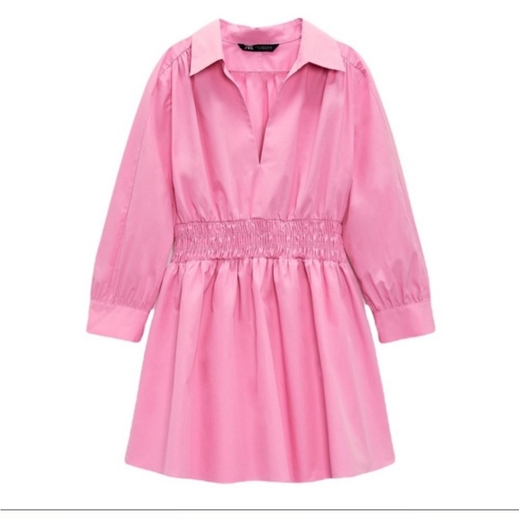 Zara collard v neck pink mini dress — smocked waist long sleeves skater dress - Picture 11 of 15